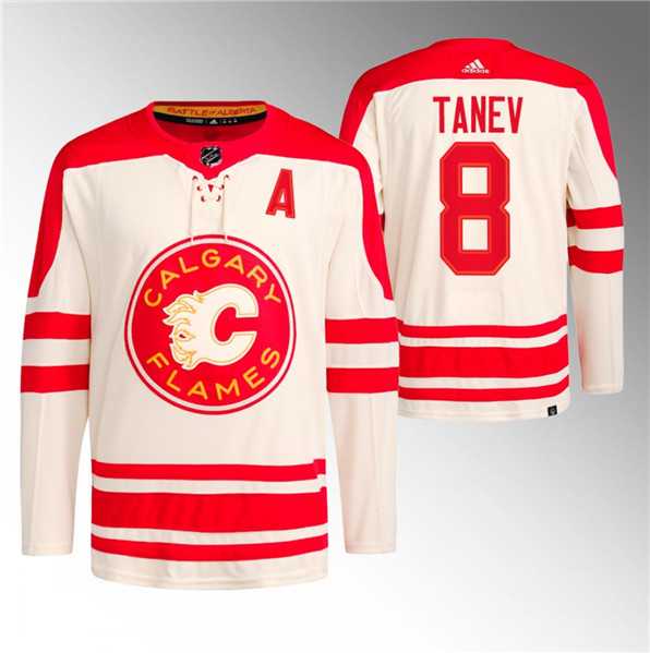 Mens Calgary Flames #8 Chris Tanev 2023 Cream Classic Primegreen Stitched Jersey Dzhi